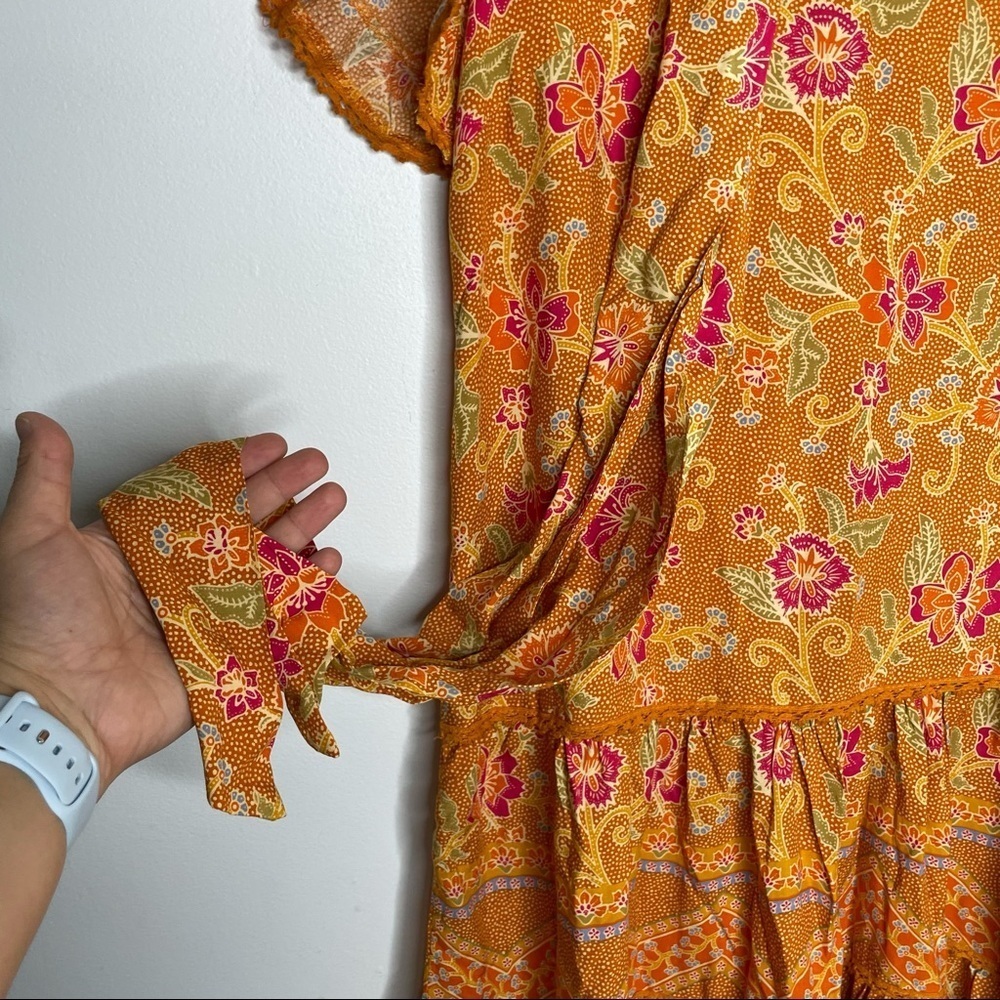 JAASE Boho Ruffle Orange Floral Sash Belted Dress - Picture 4 of 9